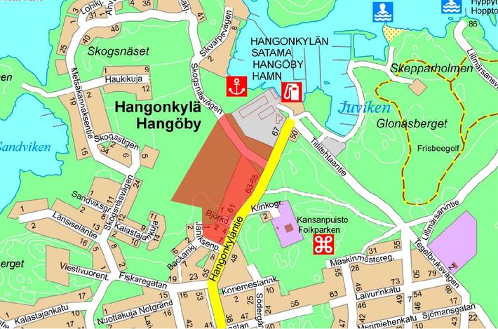 Hangonkyläntien 61-65 asemakaavan muutosjoka koskee 9. kaupunginosan kortteleita 936 ja 945 sekäpuisto- ja katualuetta. Aluerajaus.