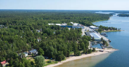 Flygbild av hamnen och stranden i Lappvik