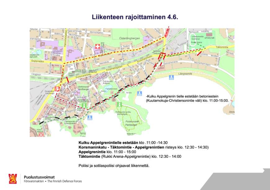 Kartta alueesta Appelgrenintien ympäriltä, jossa merkattu reitit ja alueet, joilla on rajoitettu liikenne Puolustusvoimien paraatin aikana 4.6.2024.