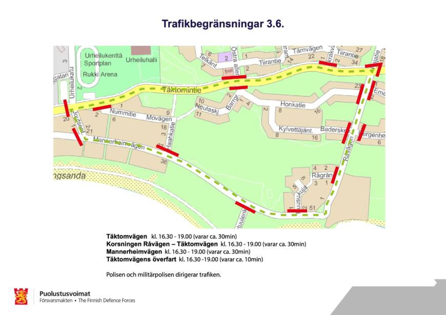 Karta över området kring Sportplan och Råvägen där trafiken begränsas 3.6.2024 då Försvarsmakten övar för paraden.