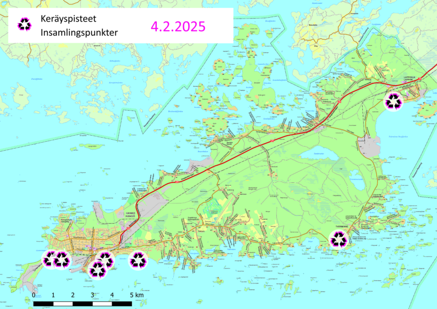 Hangon kartta, johon merkattu keräyspisteet eri puolilla Hankoa
