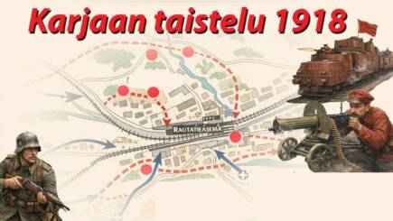Kuvistus Karjaan taistelu 1918. Kartta sekä sotilaat.